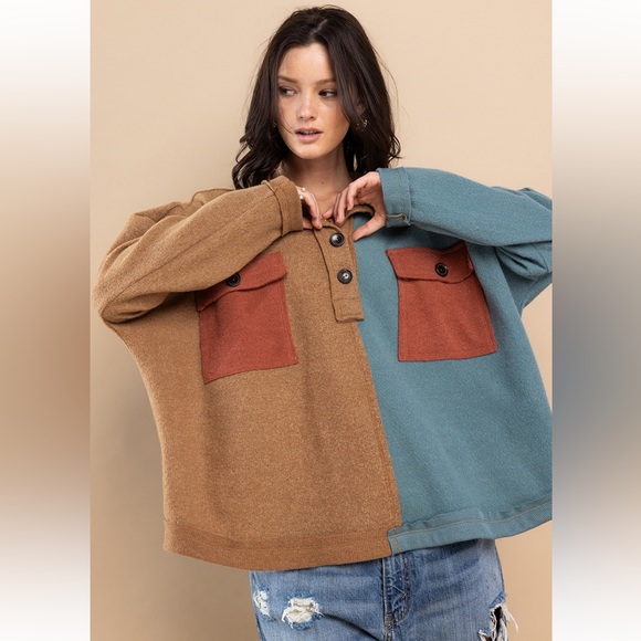 33 Color Block Stretch Spread Collar Neck Pullover - Picture 2 of 6